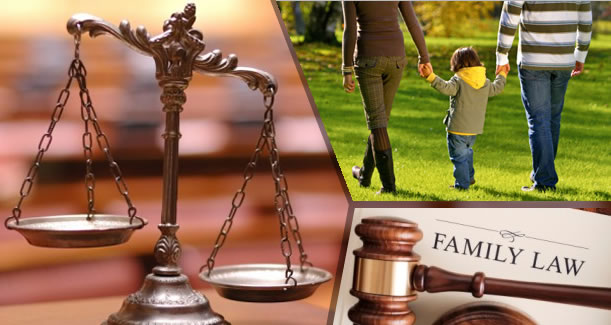 A collage of family law images with the scales and gavel.