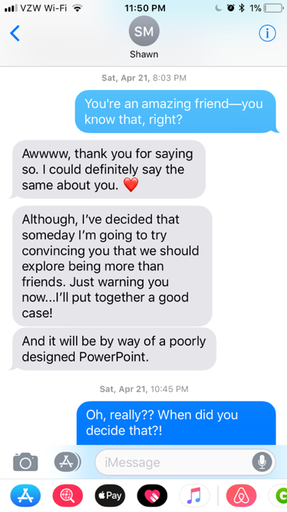 A text message conversation with two people.